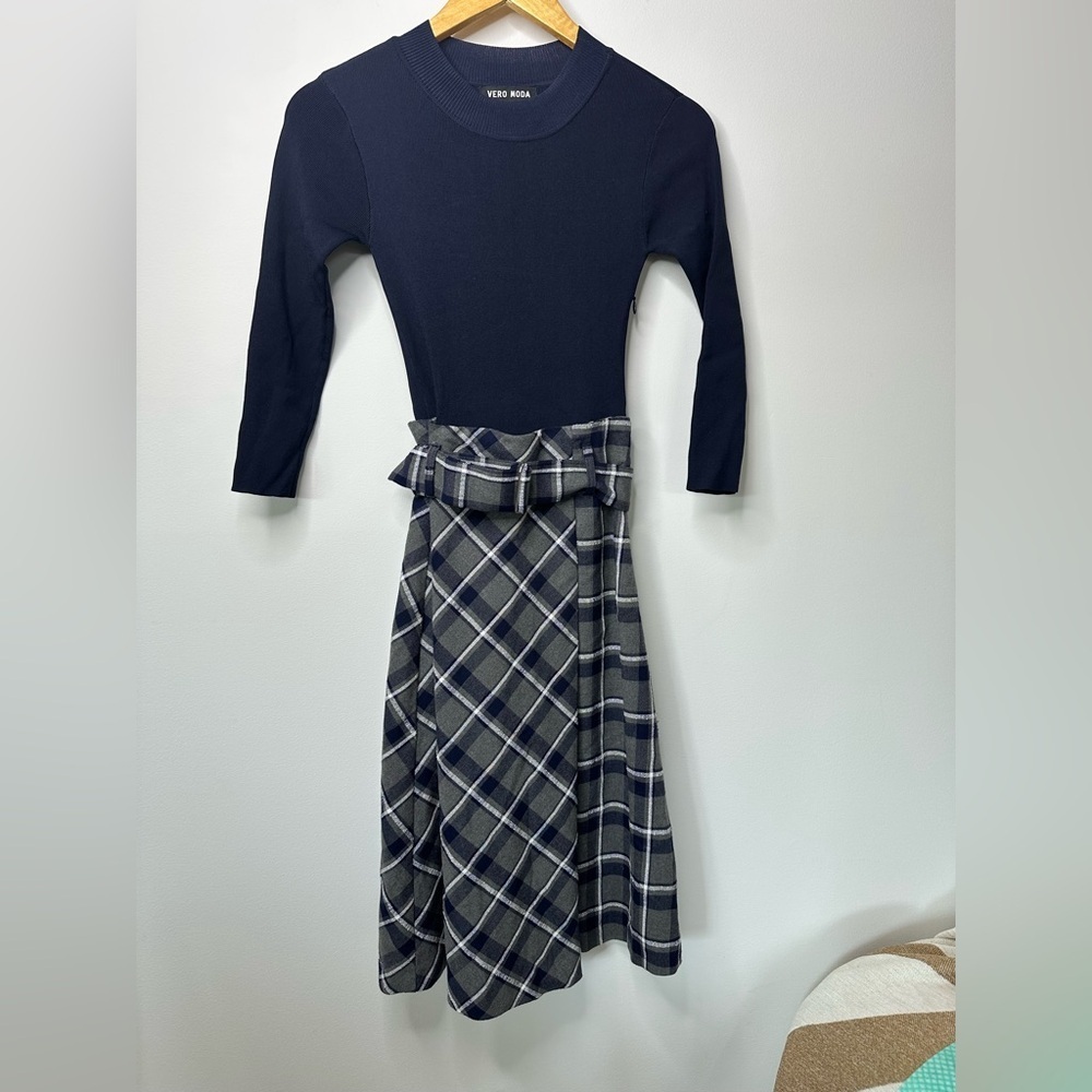 Vero Moda Women Checkered Fit And Flared Casual Dress, Navy Blue xs - Picture 5 of 10